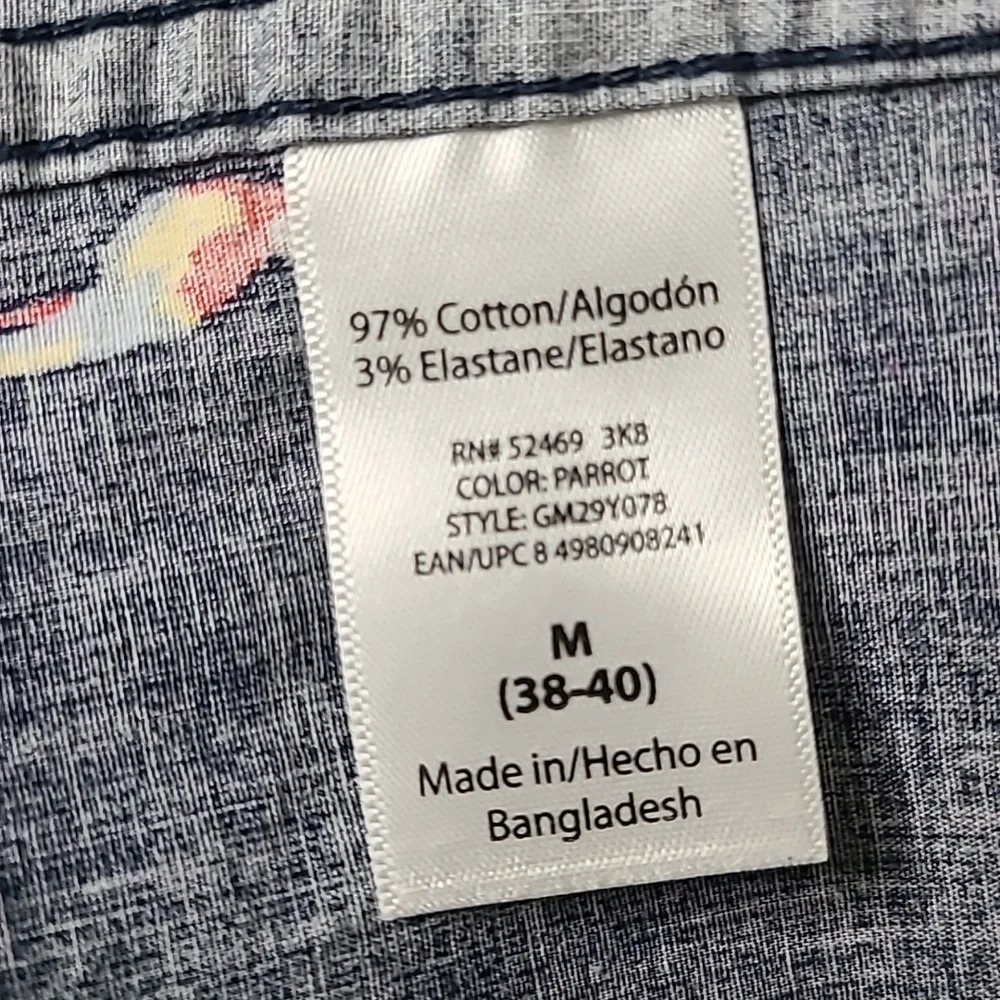 Shirt Size Medium Short Sleeve Blue Cotton Stretch Parrot Print Slim Fit Palm - Picture 7 of 7